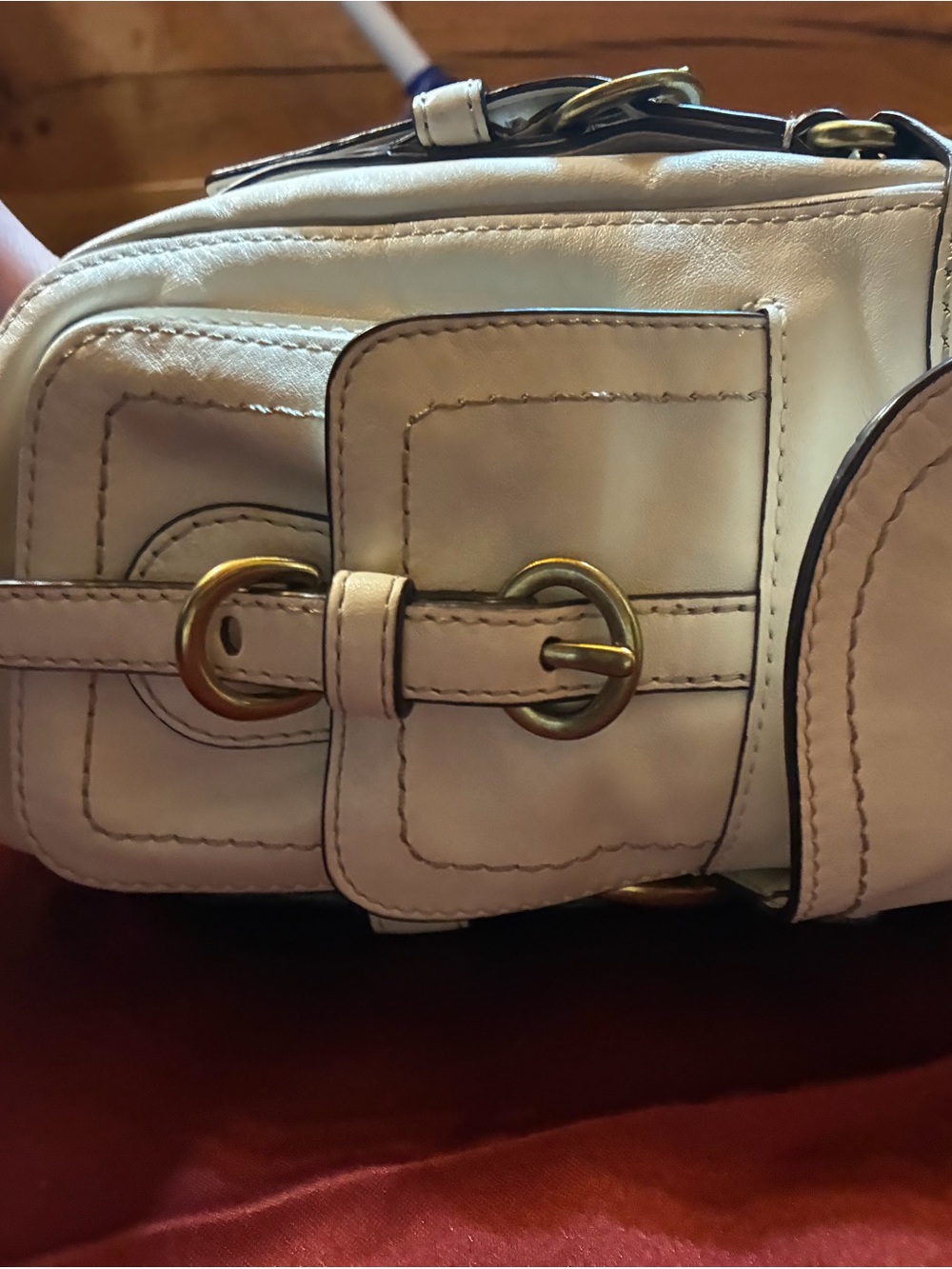 White Coach Leather baby blue satin inside w/ Buckle-Front Shoulder Bag - Picture 11 of 13